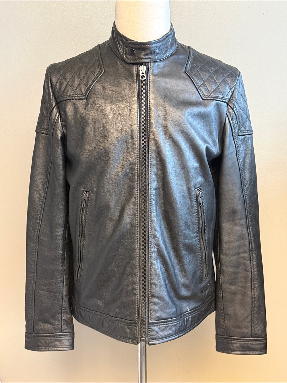 Diesel Industry Men's Leather Cafe Racer Jacket Black Large Quilted Cowhide Moto